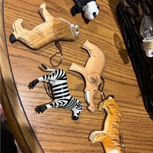 Hand Carved Wood and Paper Mache Safari Animal Christmas Ornaments Set of 5